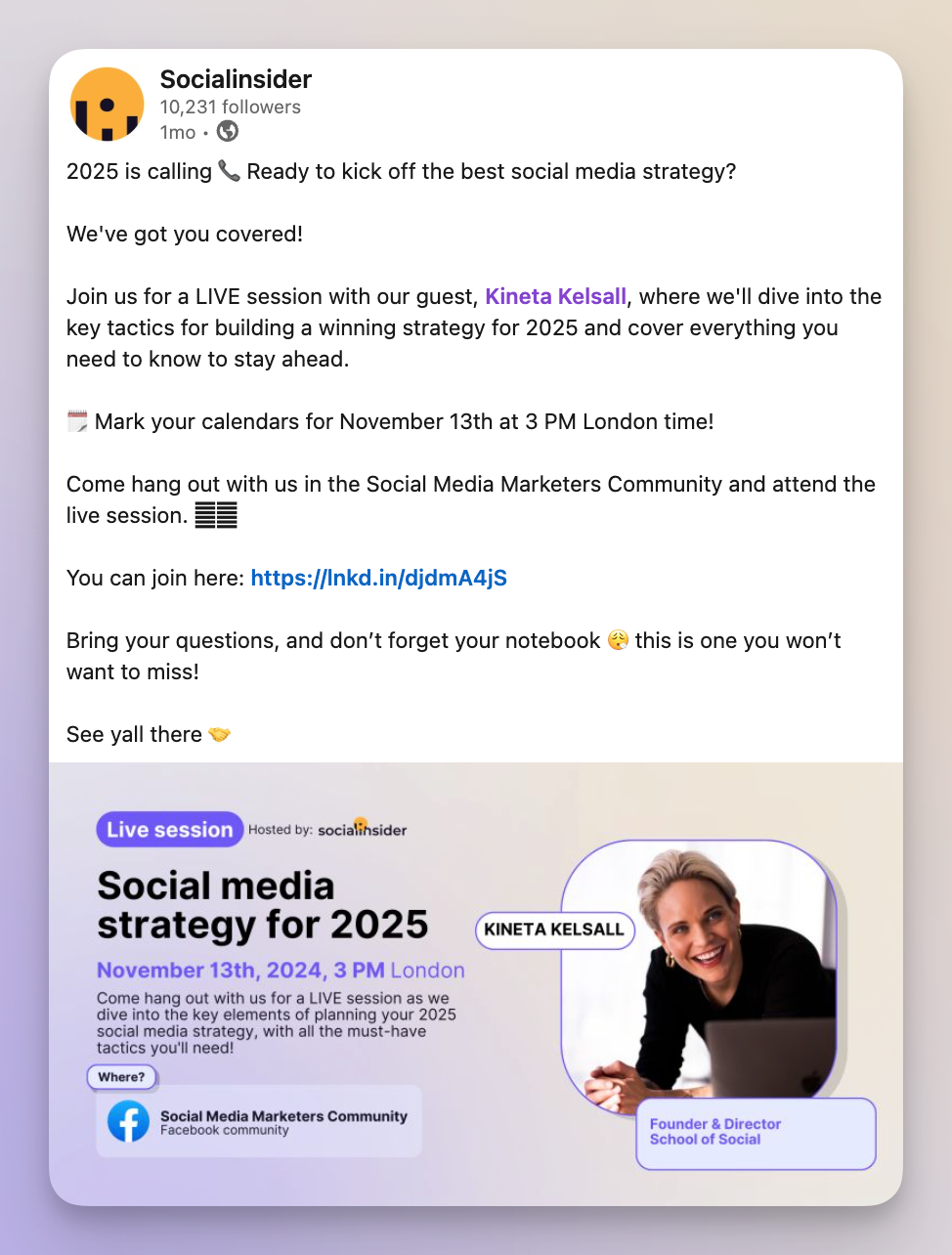 socialinsider linkedin post example