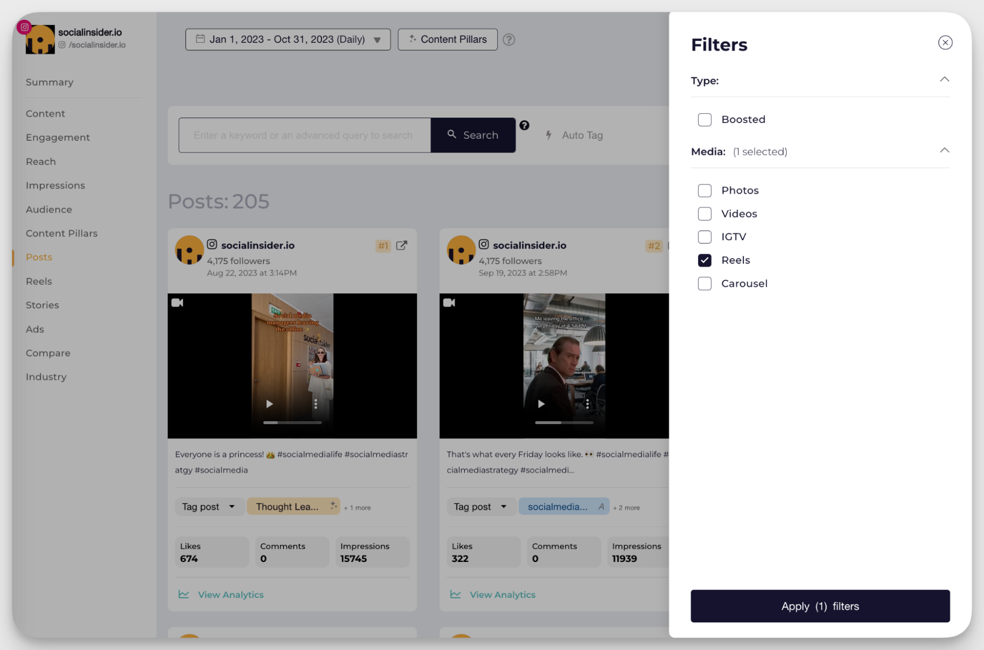 socialinsider reels data