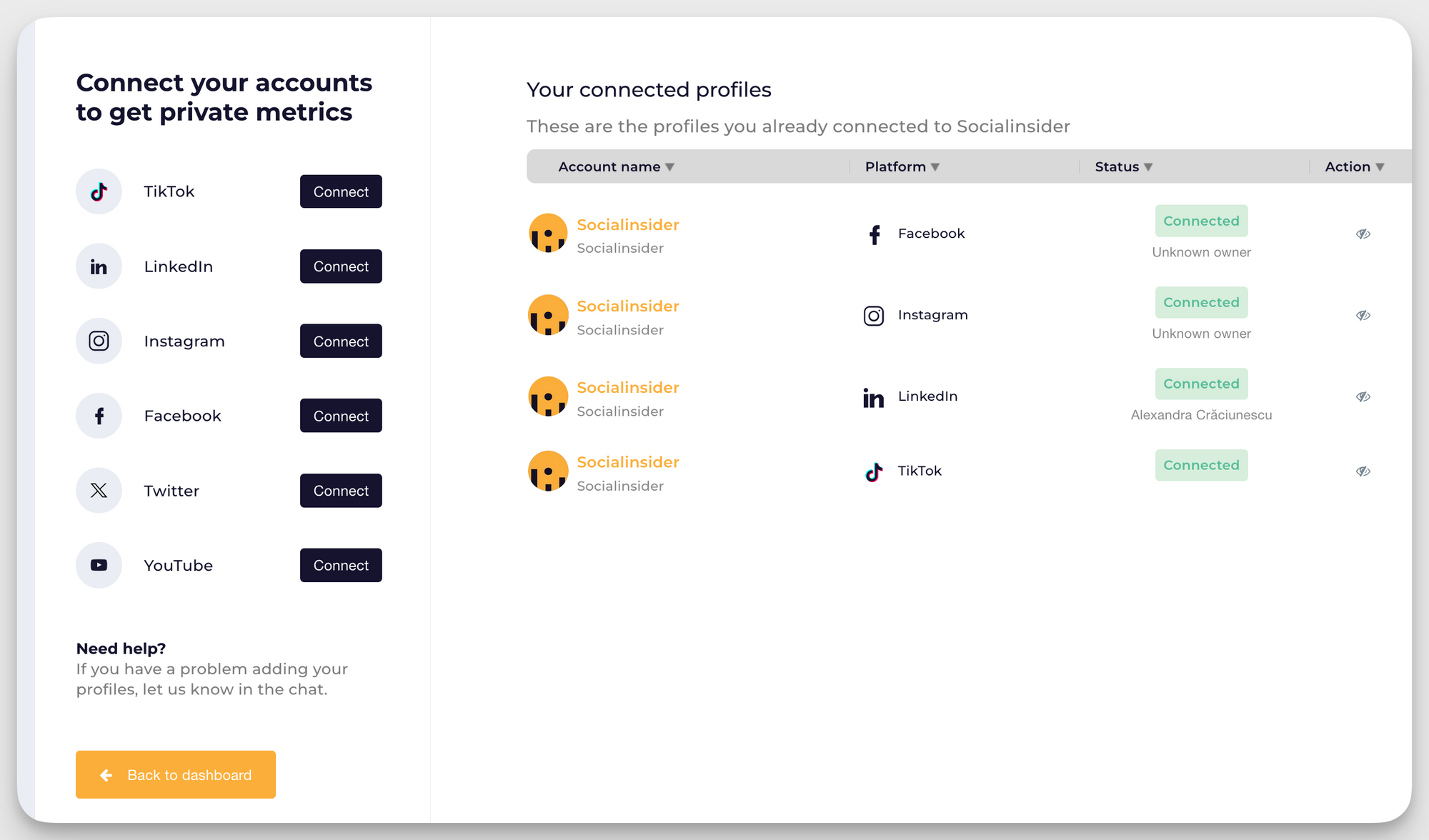 socialinsider connected accounts