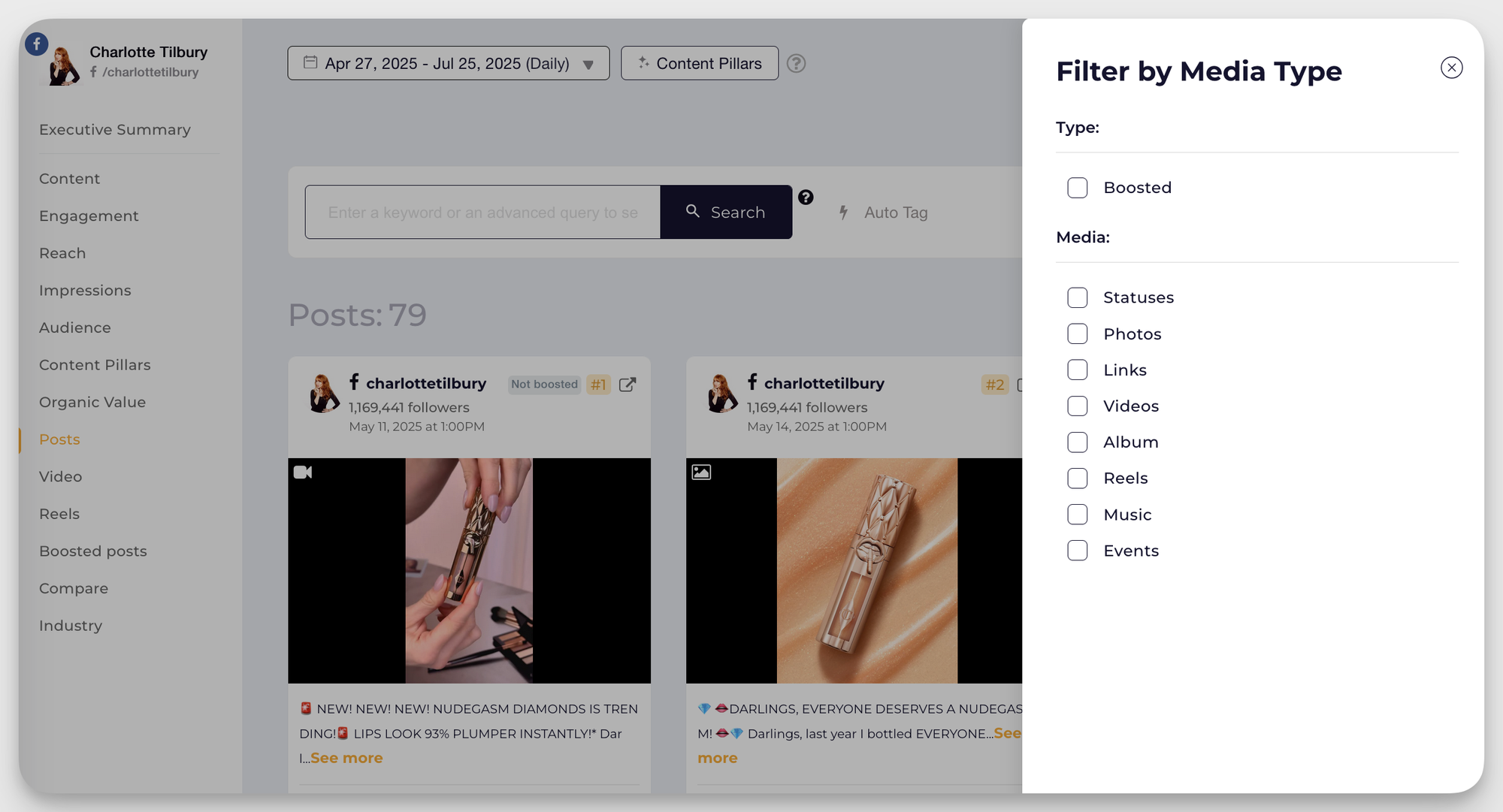 socialinsider charlotte tilbury facebook post types overview