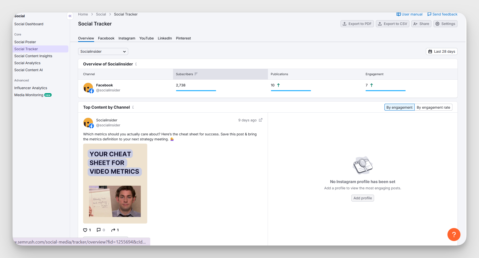 semrush social tool dashboard