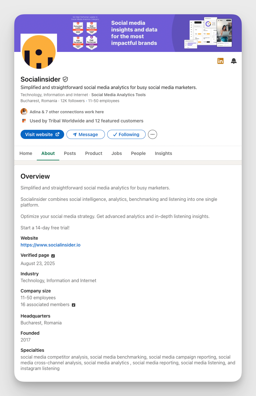 socialinsider linkedin page