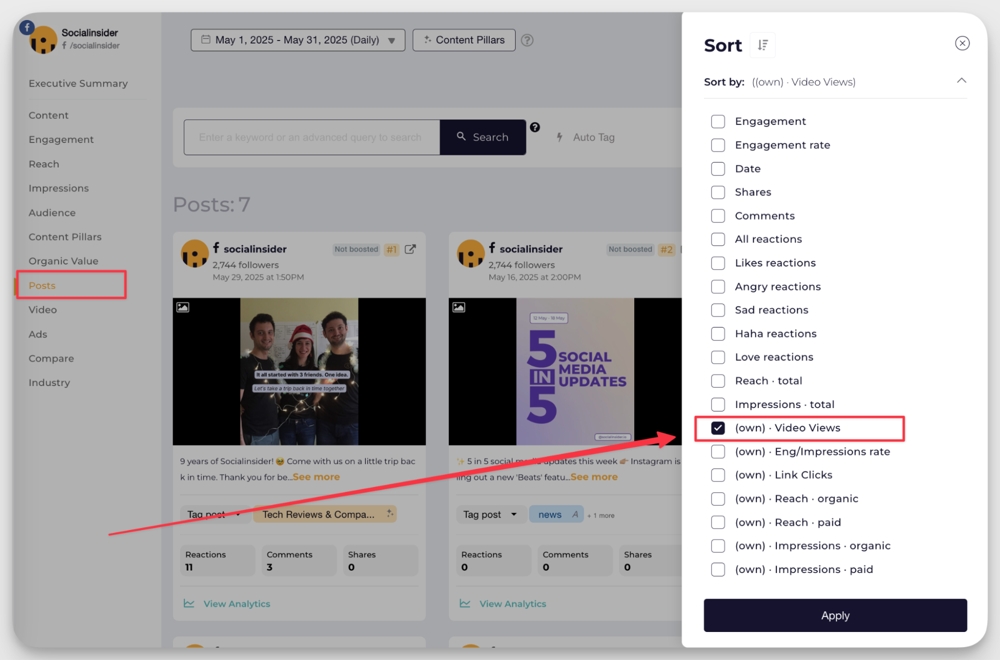 socialinsider video views metric