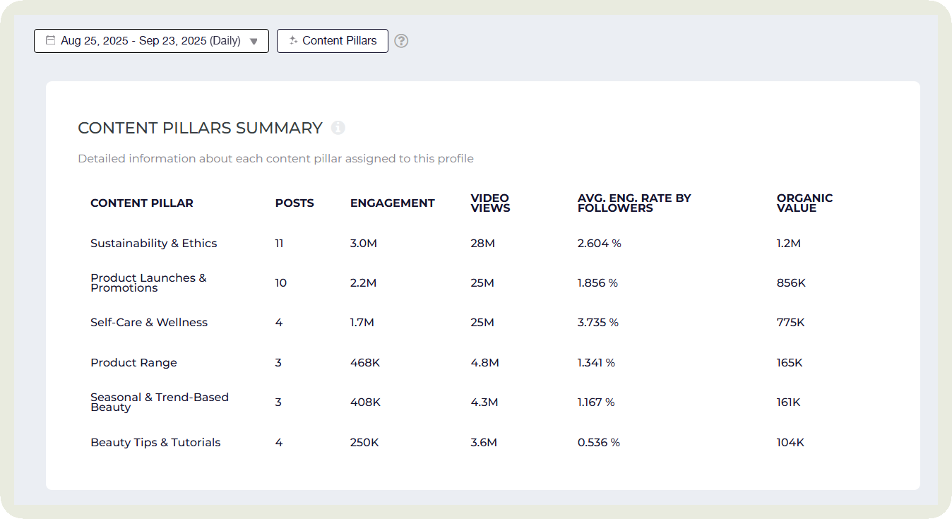 content pillars summary in socialinsider