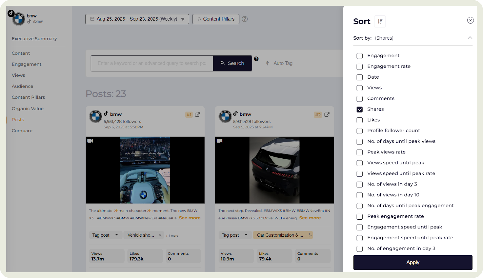 sort by shares in socialinsider