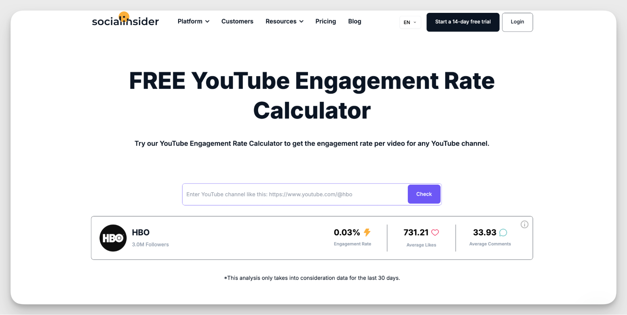 socialinsider free youtube engagement rate calculator
