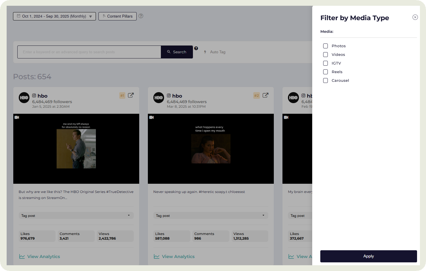 socialinsider dashboard filtering options