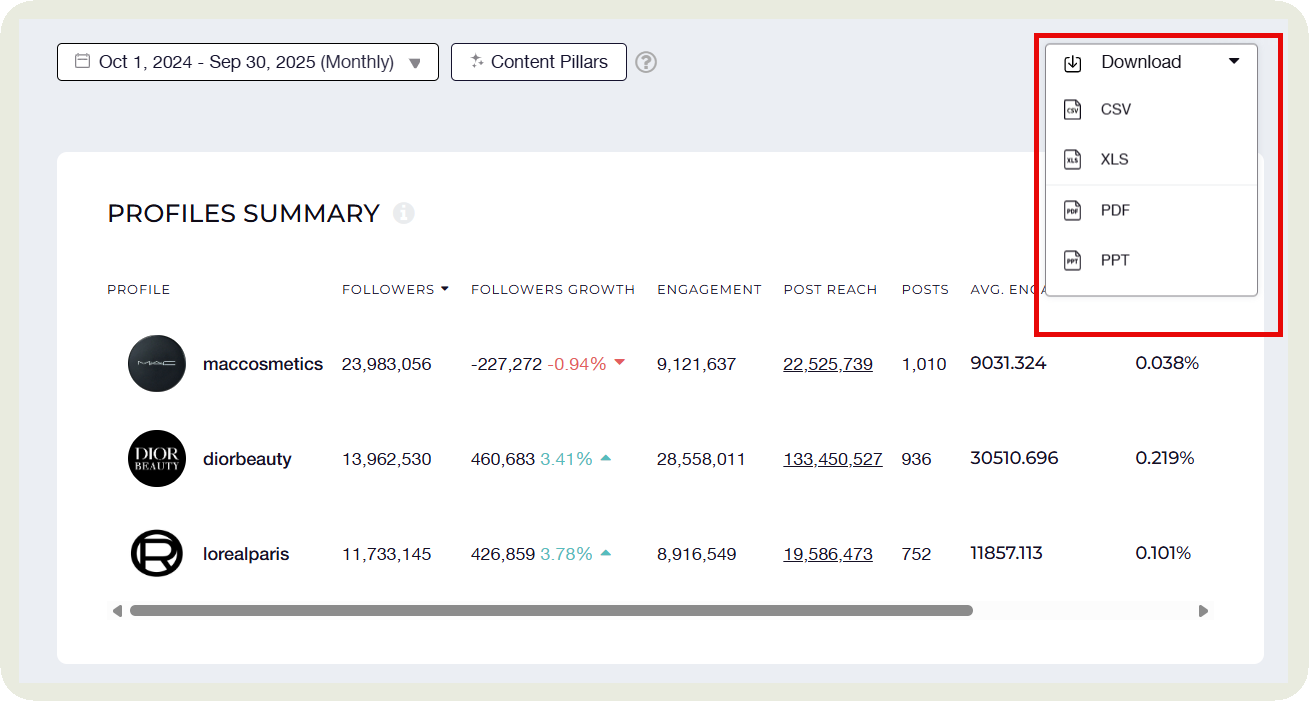 socialinsider reporting options