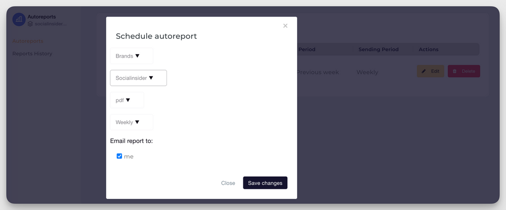 socialinsider autoreporting feature
