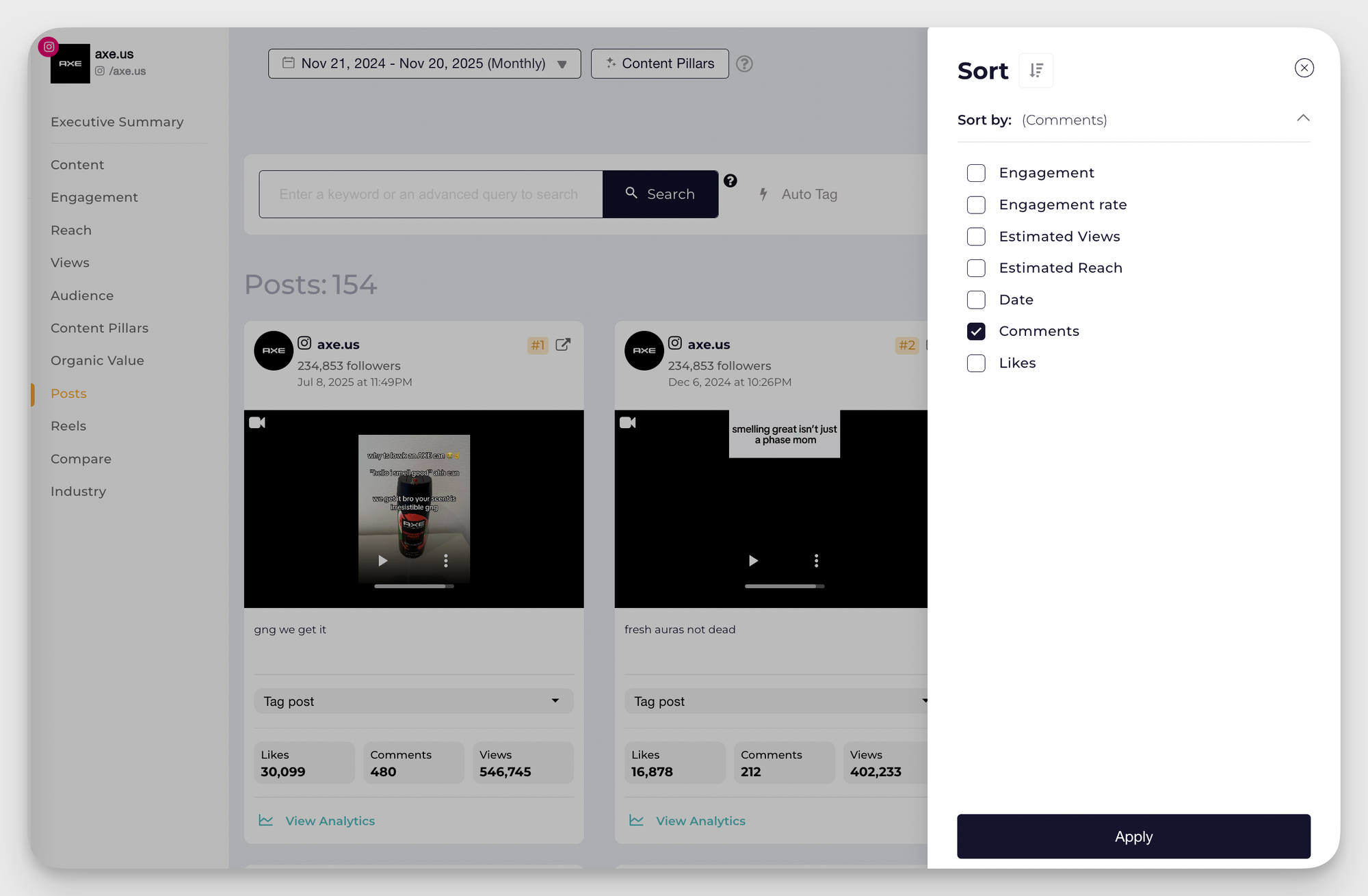 socialinsider filtering options