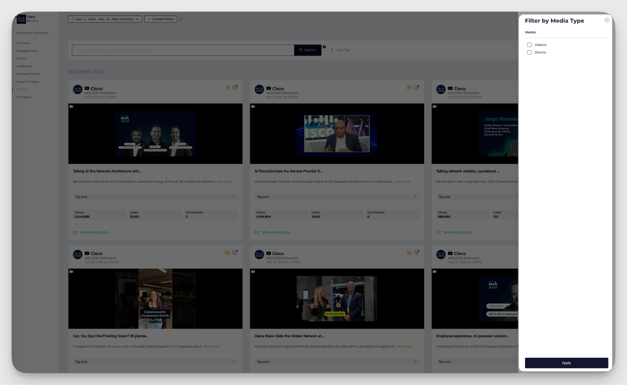socialinsider posts filtering options