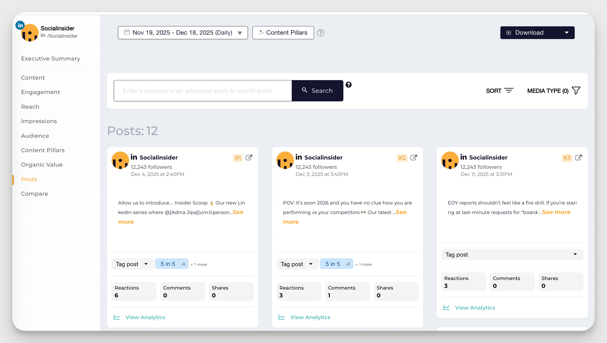top posts in socialinsider dashboard