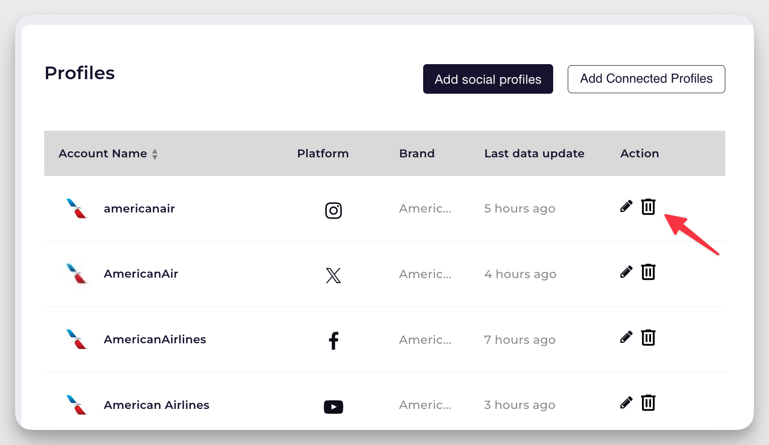 delete profiles in socialinsider