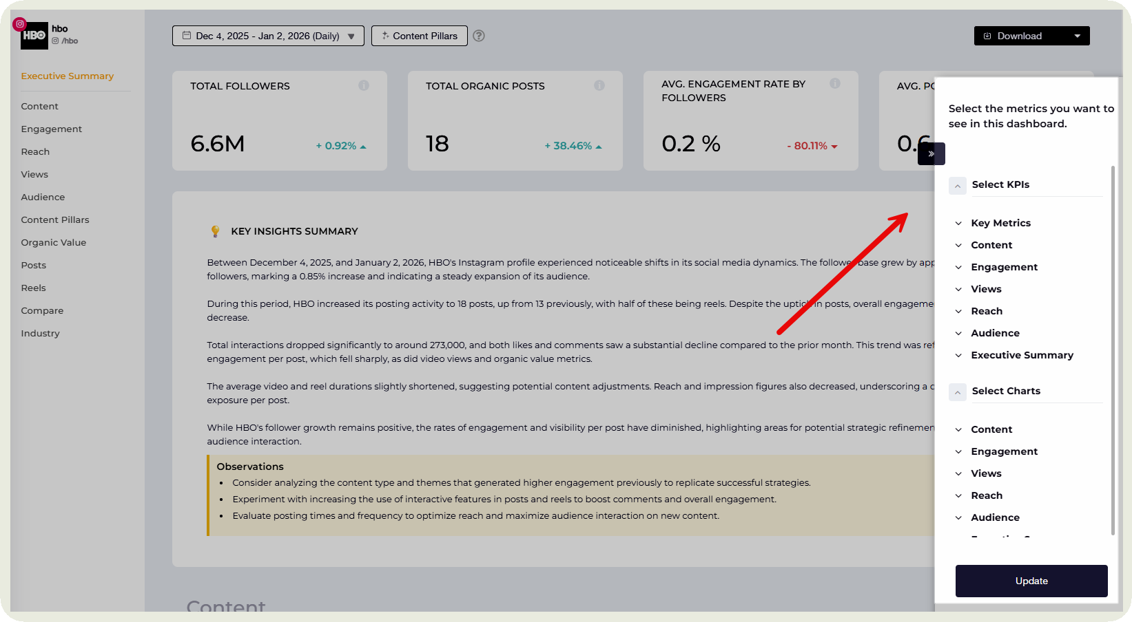 filtering options in socialinsider