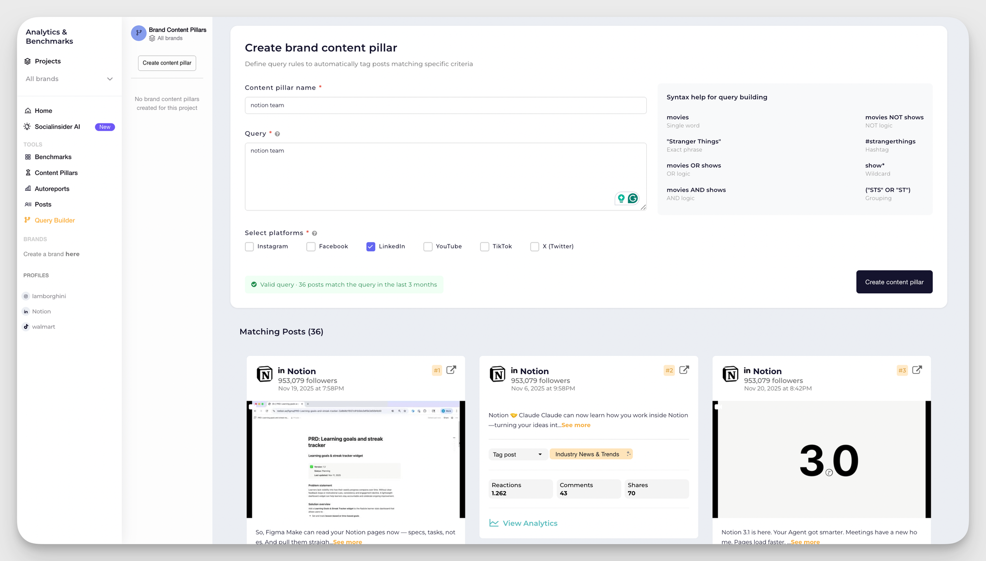 query builder in socialinsider