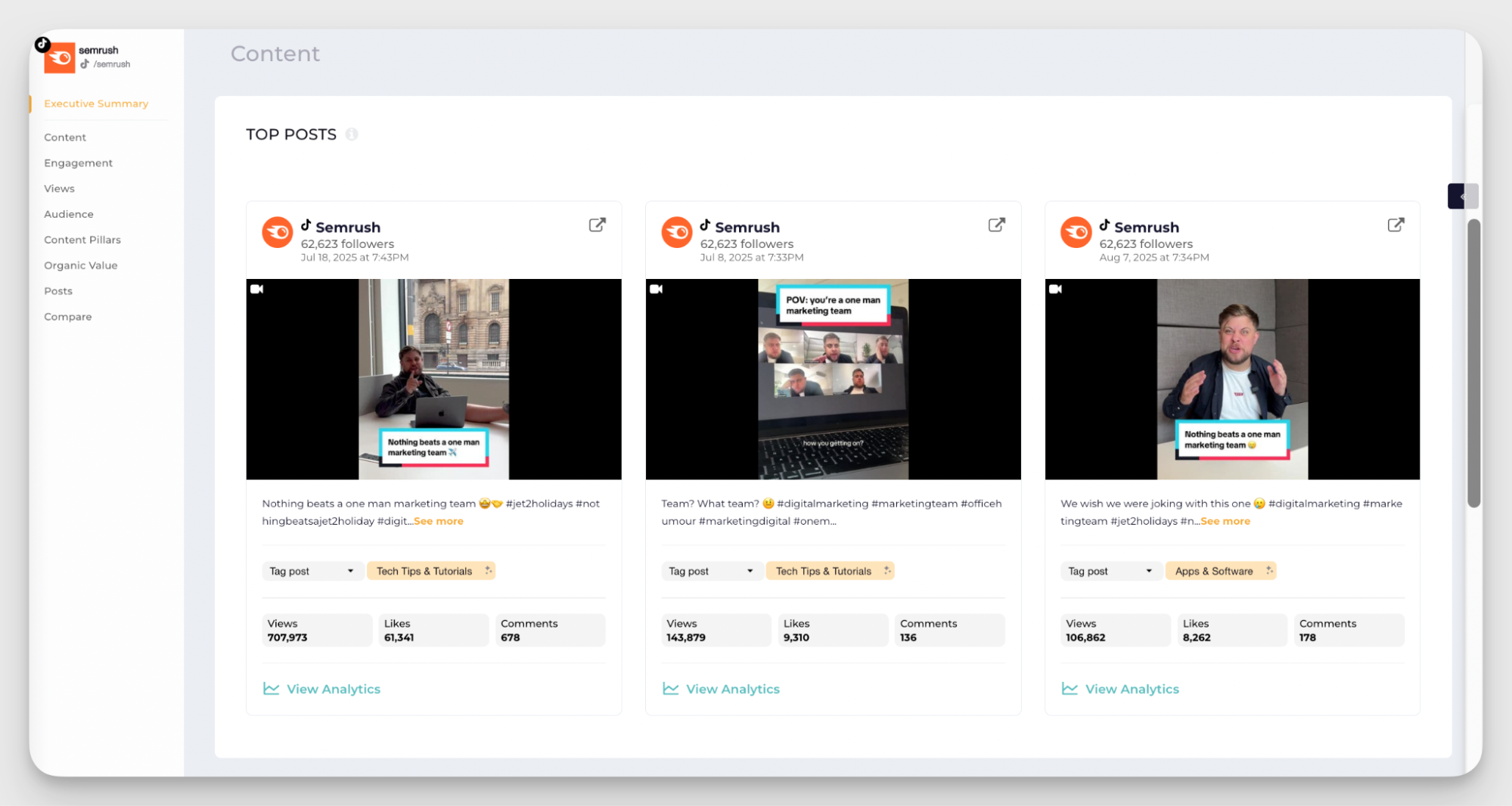 semrush top tiktok posts