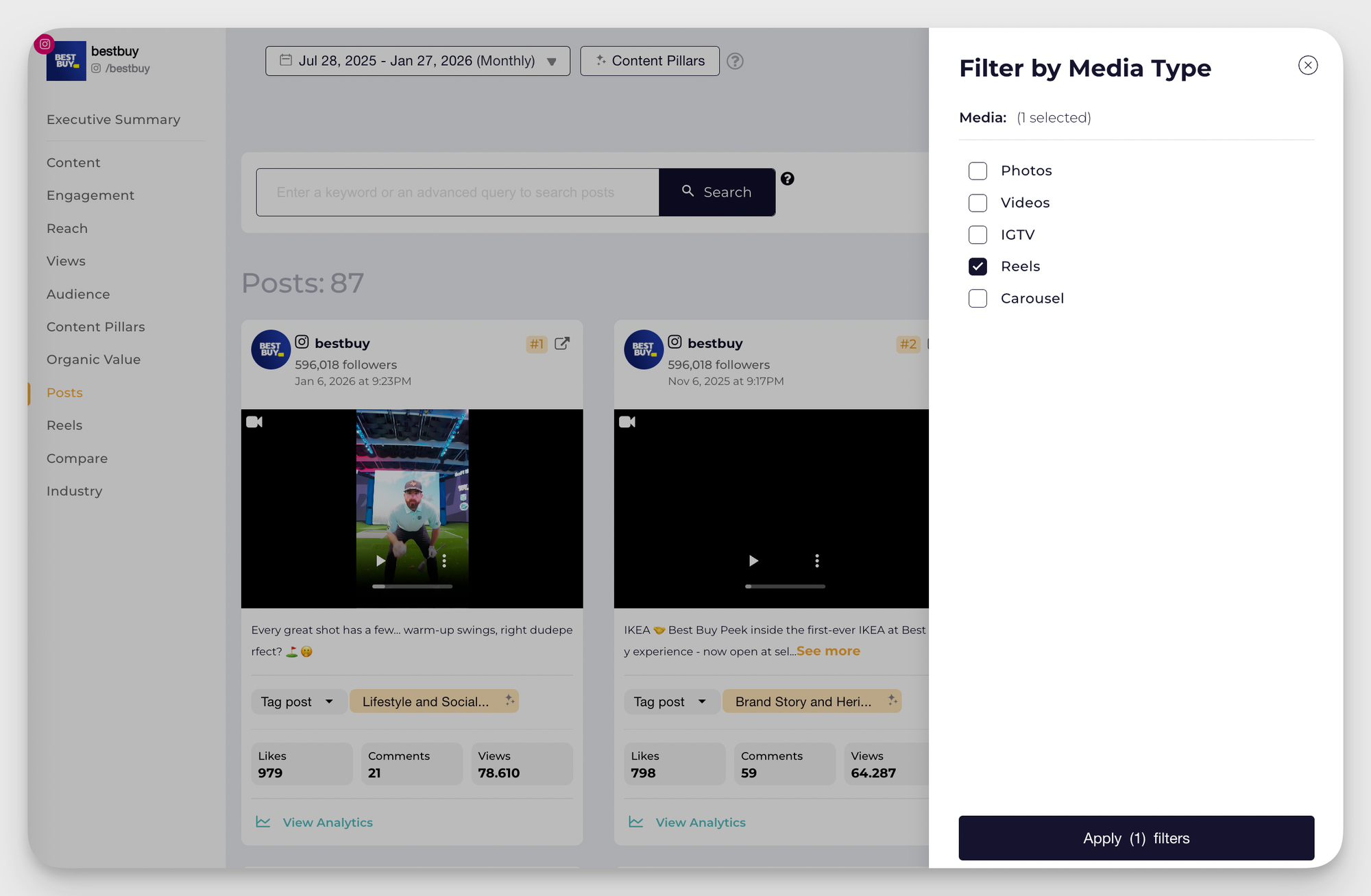 socialinsider filtering options