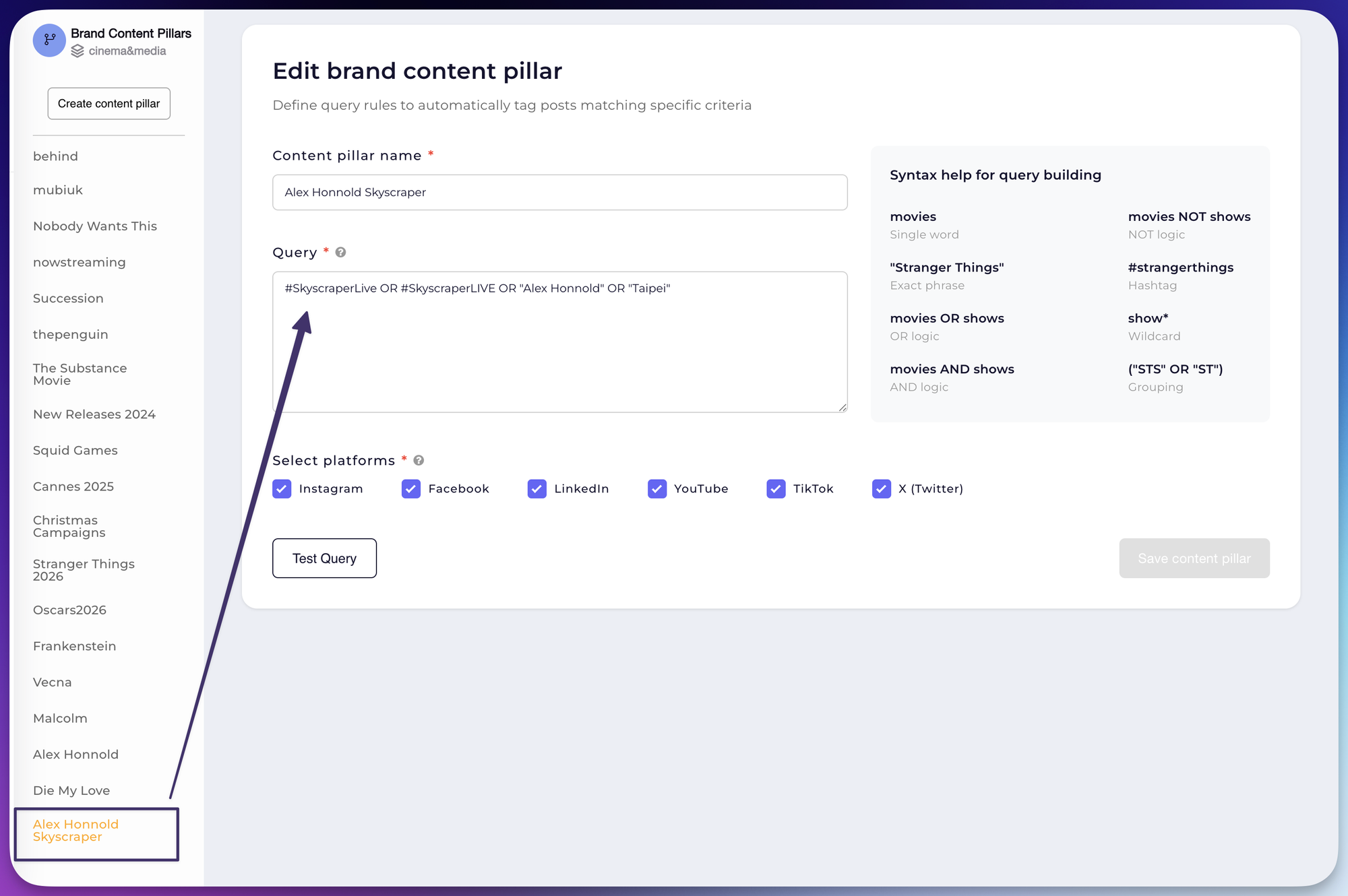 Query Builder for Brand Content Pillars