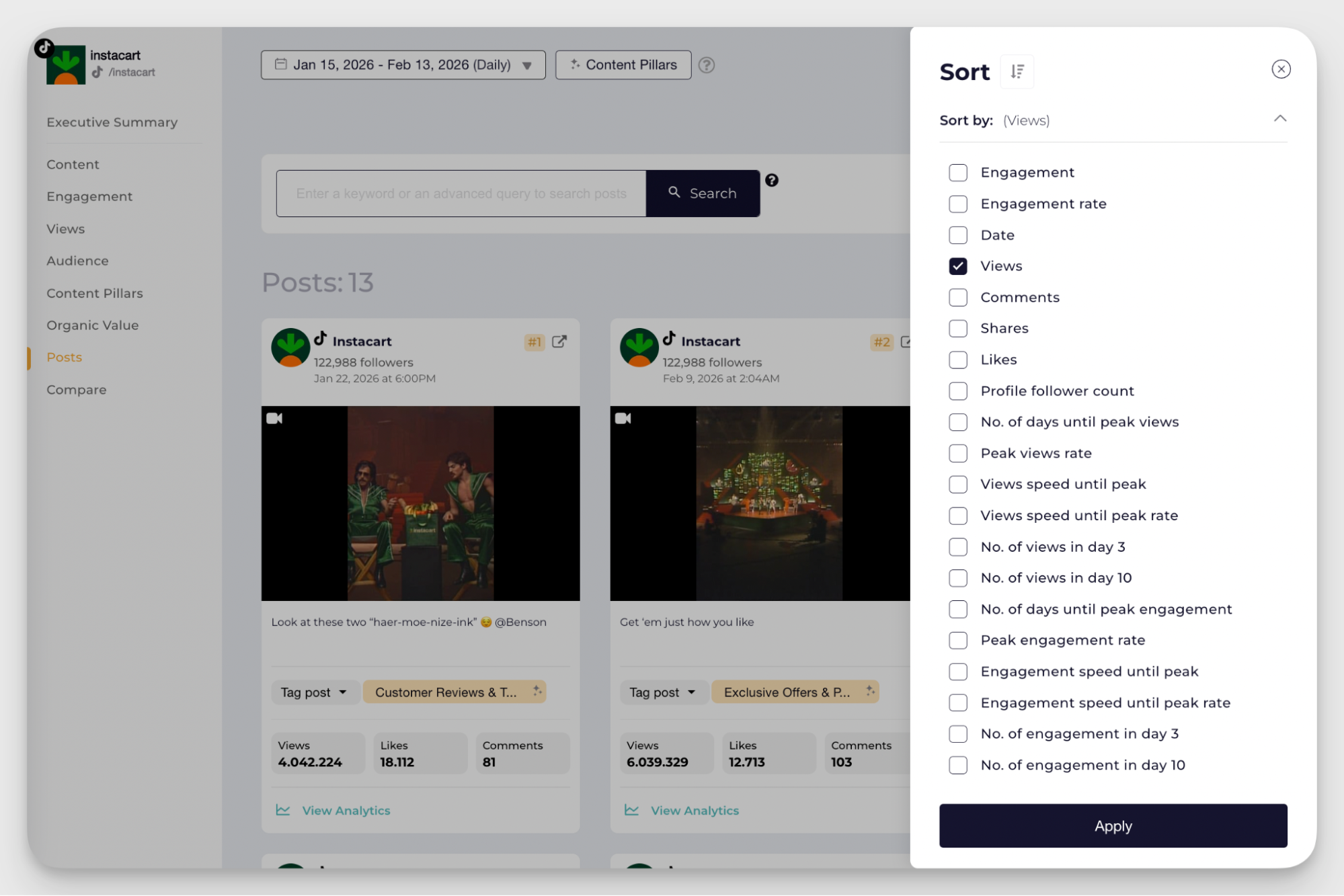 socialinisder metrics sorting