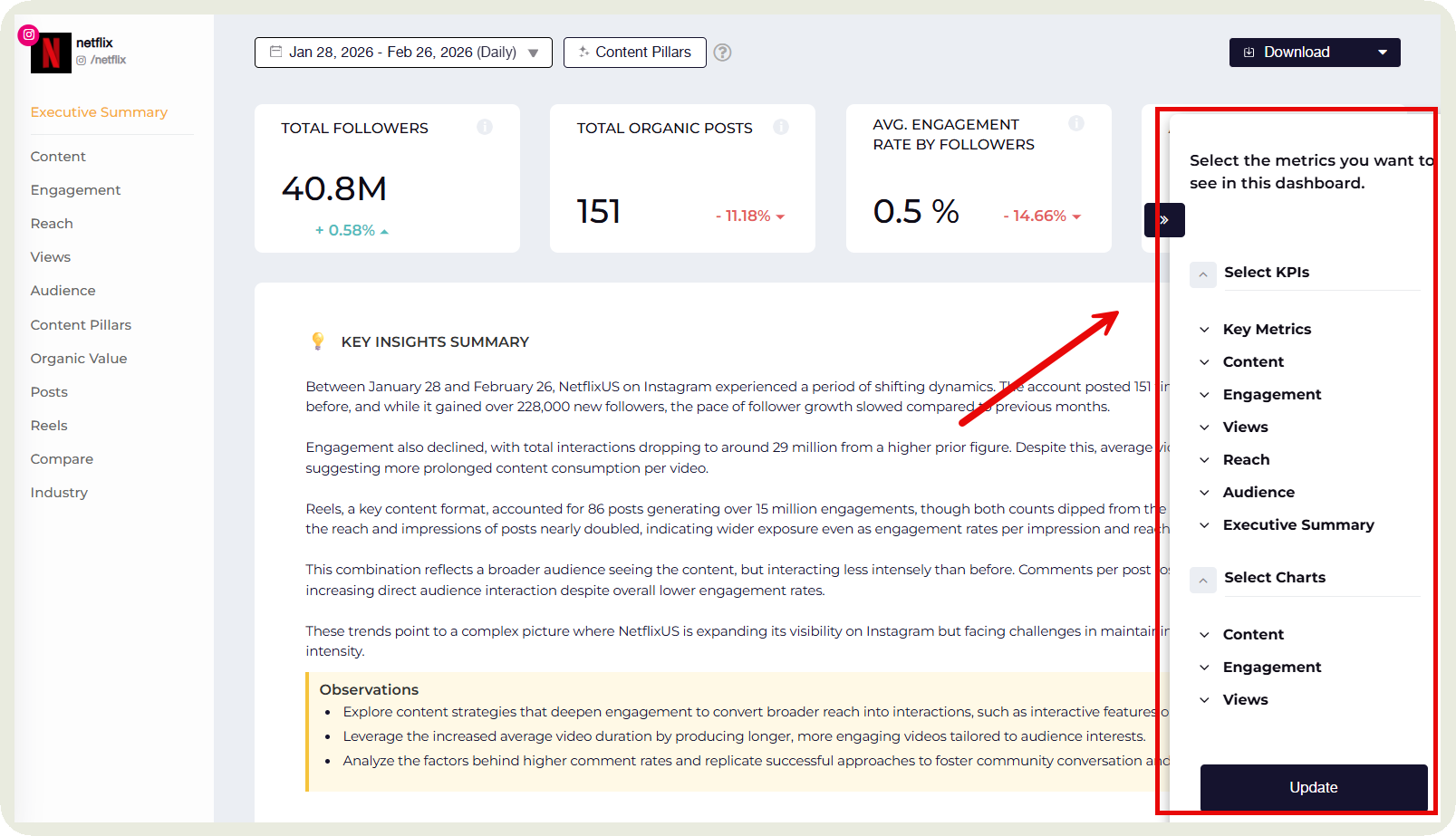 socialinsider metrics customization