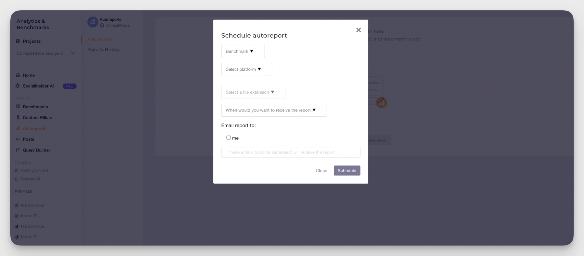 socialinsider auto-reporting feature