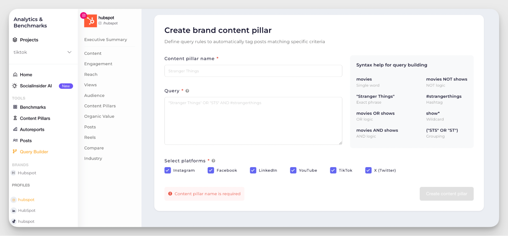 socialinsider query builder