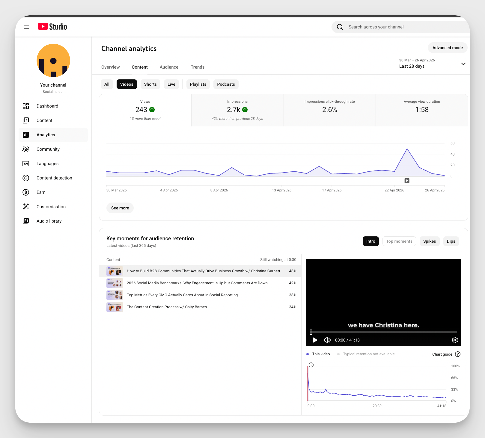 socialinsider youtube channel metrics