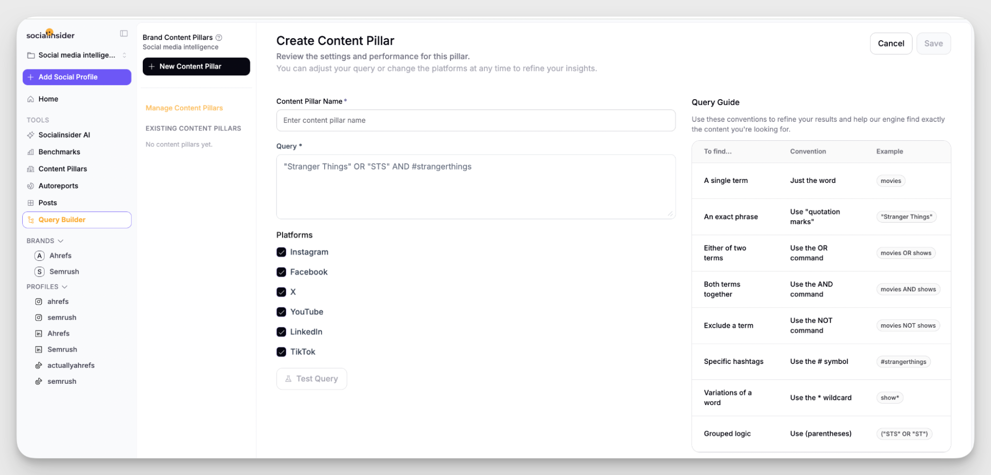 query builder socialinsider feature