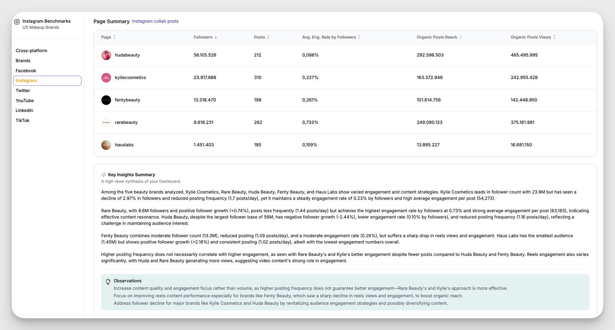 socialinsider key insights summary section